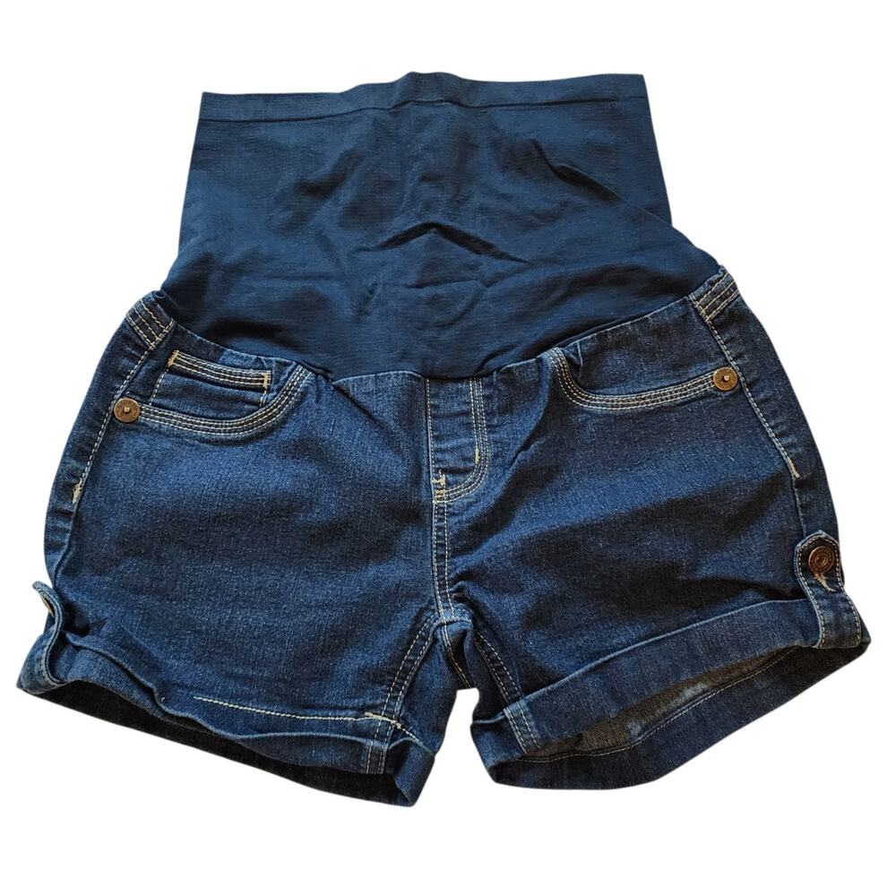 Bella Vida Womens Maternity Jean Shorts Size M Dark Blue Cuffed Pull On